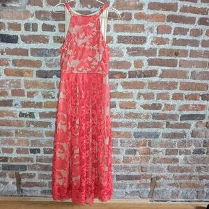 Eva Franco Size 10 Red Orange Lace Light Nude Long Lined Maxi Dress w/ Open Back